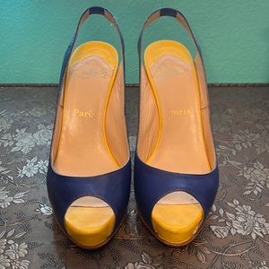 Blue with yellow accent Louboutin peep-toe heels